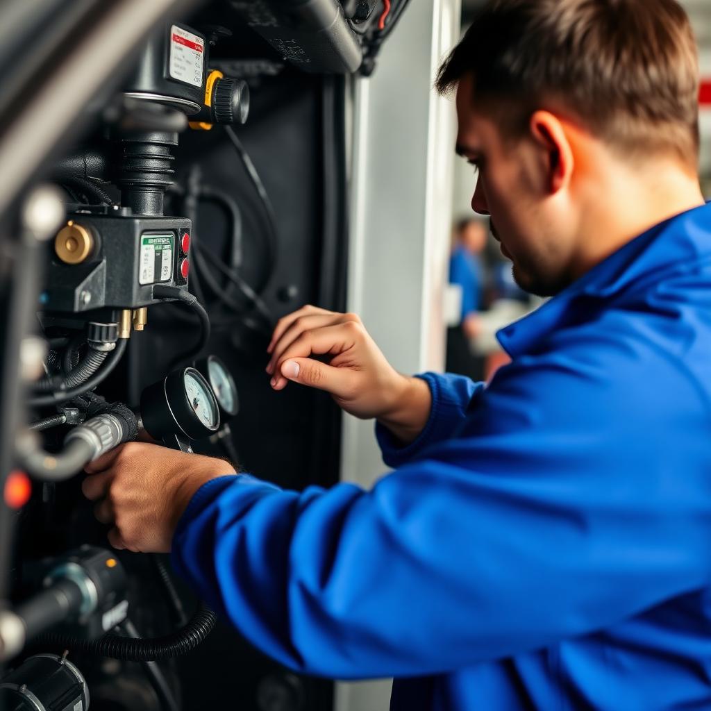 Mecânico realizando manutenção de ar condicionado automotivo